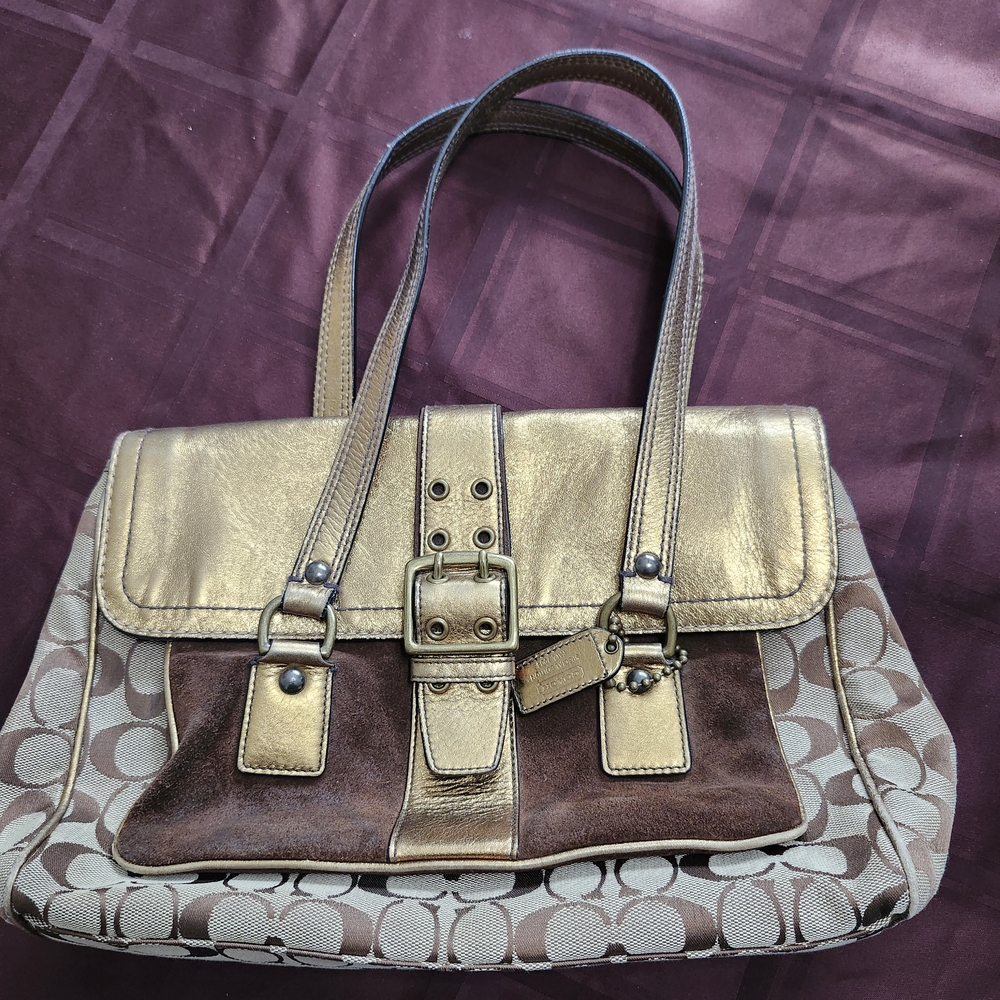 Coach Gold and Brown Shoulder Bag